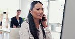 Business, phone call and woman in office, computer and financial advice for budget report. Email, accounting and employee with cellphone, pc or payment plan with negotiation for b2b deal or chatting