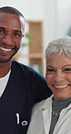 Face, consultation and nurse with senior woman in home with healthcare support for checkup. Happy, portrait and male caregiver with elderly female patient for medical service in retirement facility.
