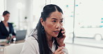Phone call, office and mature woman on computer for contact, communication and discussion. Corporate, business manager and person on smartphone with network glitch, mistake and finance crisis online