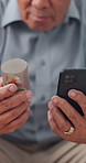 Hands, phone and pills with elderly patient for healthcare, check online for dosage, prescription and reading medical label. Home, telehealth instruction or pharmaceutical details for tablets on web