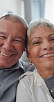 Face, love and smile with senior couple in home together for bonding, safety or relationship. Marriage, relax and security with happy elderly people in apartment for retirement, romance or wellness