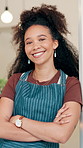 Happy, crossed arms and face of woman in coffee shop for friendly service, small business and hospitality. Restaurant, cafe and portrait of barista with confidence, smile and welcome for store