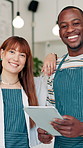 Coffee shop, happy and face of people on tablet for menu items, inventory and online orders. Restaurant, cafeteria and portrait of man and woman on tech for digital service, planning and teamwork