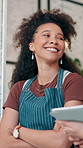 Coffee shop, crossed arms and women on tablet for online checklist, store inventory and menu website. Restaurant, cafeteria and waitress team on digital tech for planning, friendly service and orders