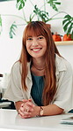 Woman, face and counter in coffee shop with barista, employee or waitress in apron for hospitality industry. Happiness, arms crossed and female person with professional pride for service at cafe
