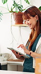 Coffee shop, counter and woman on tablet for online checklist, store inventory and menu website. Restaurant, hospitality and waitress on digital tech for service, planning and orders in cafeteria