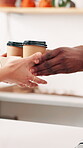 Hands, person and giving coffee at cafe for client order, customer service and takeaway collection. Male waiter, serving and beverage for espresso purchase, hospitality industry and consumer checkout
