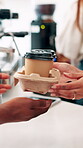 Hands, woman and giving coffee at cafe for client order, customer service and takeaway collection. Waitress, serving and beverage for espresso purchase, hospitality industry and consumer checkout