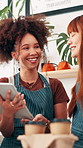 Coffee shop, happy and women on tablet in cafe for menu items, inventory and online orders. Restaurant, hospitality and people in conversation with digital tech for planning, invoice and service