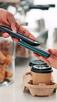 Hands, phone and pos at cafe for payment, order and easy transaction for catering service at restaurant. People, customer and waiter with smartphone, tap and fintech with mobile app at coffee shop