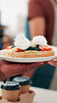 Hands, person and serving food at cafe for client order, customer service and meal collection. People, waitress and giving waffle and dessert for breakfast, hospitality industry and consumer checkout