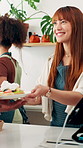 Woman, waitress and serving food at cafe for client order, customer service and meal collection. Smile, person and giving waffle and dessert for breakfast, hospitality industry and consumer checkout