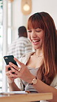 Laughing, phone and woman in coffee shop online for social media, message and internet. Cafeteria, restaurant and person on smartphone for connection, networking and mobile app for communication