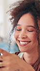 Happy, phone and woman in coffee shop online for social media, message and internet. Cafeteria, restaurant and person laugh on smartphone for connection, networking and mobile app for communication