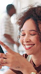 Laugh, phone and happy woman in coffee shop online for social media, message and internet. Cafeteria, restaurant and person on smartphone for connection, networking and mobile app for communication