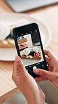 Hands, woman and phone for photography at cafe for social media post, dessert update and influencer. Person, mobile and meal picture for food review, breakfast blog and content creator at restaurant