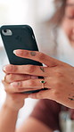 Typing, phone and hands of woman in cafe for online for social media, message and internet. Closeup, restaurant and person on smartphone for connection, networking and mobile app for communication