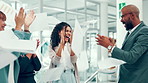 Applause, happy and business people throw papers in office for completion of legal case. Celebration, clapping hands and team of attorneys with documents for winning law litigation in workplace.