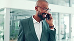 African businessman, phone call and happy at office with contact, consulting and conversation in lobby at agency. Person, financial advisor and smartphone with talk, smile and networking at company
