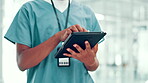 Nurse, person and hands with tablet in hospital for medical chart review, reading shift schedule and online results. Medicine, professional and digital tech for treatment research and healthcare news