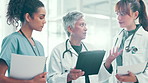 Medical people, doctors and nurse with tablet and paperwork for schedule, results or planning in hospital. Leader, women or healthcare workers with technology for about us, online advice and teamwork