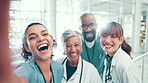 Medical people, doctors and nurses in face selfie with peace sign and laugh for social media post in hospital. Man, women and healthcare workers with photo for about us, online platform and teamwork