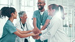 Healthcare, nurses and doctors with hands together in pile for celebration, results success or hospital win. Excited, women or man as medical workers with huddle for motivation, healing or teamwork