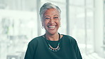 Face, businesswoman or mature manager laughing with accounting experience or finance career. Happy, financial advisor and proud accountant with smile for investment growth, portrait or funny joke
