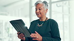 Business, woman and scroll on tablet in office for finance report, budget review or reading economy news. Accountant, flare and happy mature person with digital app for project management or schedule