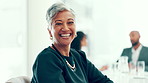 Face, mature or businesswoman in meeting laughing with accounting experience or finance career. Funny, financial advisor and happy accountant with smile for investment growth, portrait or ambition