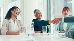 Business people, onboarding and handshake in office, partnership and welcome with thank you. Employees, teamwork or shaking hands with interview, smile and cooperation with meeting or collaboration
