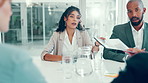 People, meeting and paperwork in office for business, campaign planning and company collaboration. Proposal, employees and documents in agency to explain feedback, teamwork and project briefing