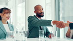 Business people, job interview or handshake in office, thank you or welcome with onboarding. Employees, human resources management or shaking hands with recruitment, celebration or hiring in meeting