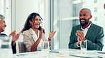 Fist bump, meeting and business people in office with applause for winning, promotion or success. Celebration, happy and team of financial managers with clapping hands for investment goal achievement