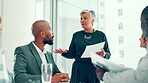 Business, people and speaker with documents in office for financial pitch, project funding request or risk management. Finance, investors or mature woman with paperwork for budget report and feedback
