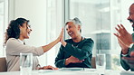High five, celebration and business people in office with applause for winning, promotion or success. Meeting, happy and team of financial managers with clapping hands for investment goal achievement