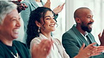 Happy, business people and meeting with applause for presentation, good job or well done at office. Group, employees or colleagues clapping with smile for thank you, success or seminar at workplace