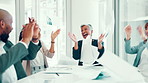 Excited, business people and applause with documents in air for completion, done or finished at office. Happy group, employees or colleagues clapping with smile or paperwork for winning at workplace