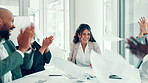 Happy, business people and applause with documents in air for completion, done or finished at office. Excited group, employees or colleagues clapping with smile or paperwork for winning at workplace