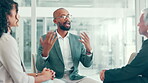 Collaboration, meeting and planning with business people in boardroom of office together. Brainstorming, conversation and explain with employee team in professional workplace for corporate discussion