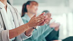 Clapping hands, audience and business people with presentation for achievement, victory and goal. Applause, seminar and celebration of workers at thank you conference or good job meeting in workplace