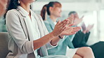Clapping hands, celebration and business people with presentation for achievement, victory and goal. Applause, seminar and audience of workers at thank you conference or good job meeting in workplace