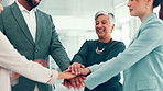 Teamwork, motivation and hands together by business people with mission for trust, support and group huddle. Collaboration, circle and corporate success with winning employees in goal celebration