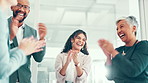 Teamwork, applause and hands together with business people for mission, trust and support of group huddle. Collaboration, circle and corporate success with winning employees in goal celebration