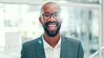 Business, face and smile of black man in office for corporate career, development or job opportunity. About us, company and welcome with African employee in suit at work for professional pride