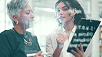 Business women, training and writing with tablet for glass wall, meeting or strategy in office. Employees, discussion or team planning with administration for feedback, problem solving or report