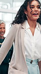 Dancing, celebration and business people in office with music for good news, promotion or achievement. Happy, team building and group of creative employees moving to  playlist for goal in workplace.