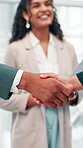 Agreement, deal and handshake with business people in office for collaboration or partnership. B2B, thank you and welcome with employee team shaking hands closeup in workplace for corporate meeting