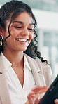 Business woman, tablet and happy at office with typing, review and notification at finance agency. Person, smile and digital touchscreen with application, scroll and contact for deal at company