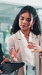 Tablet, mentor and business people in office for discussion on magazine publishing approval. Digital technology, review and female editor with creative manager for article review online in workplace.